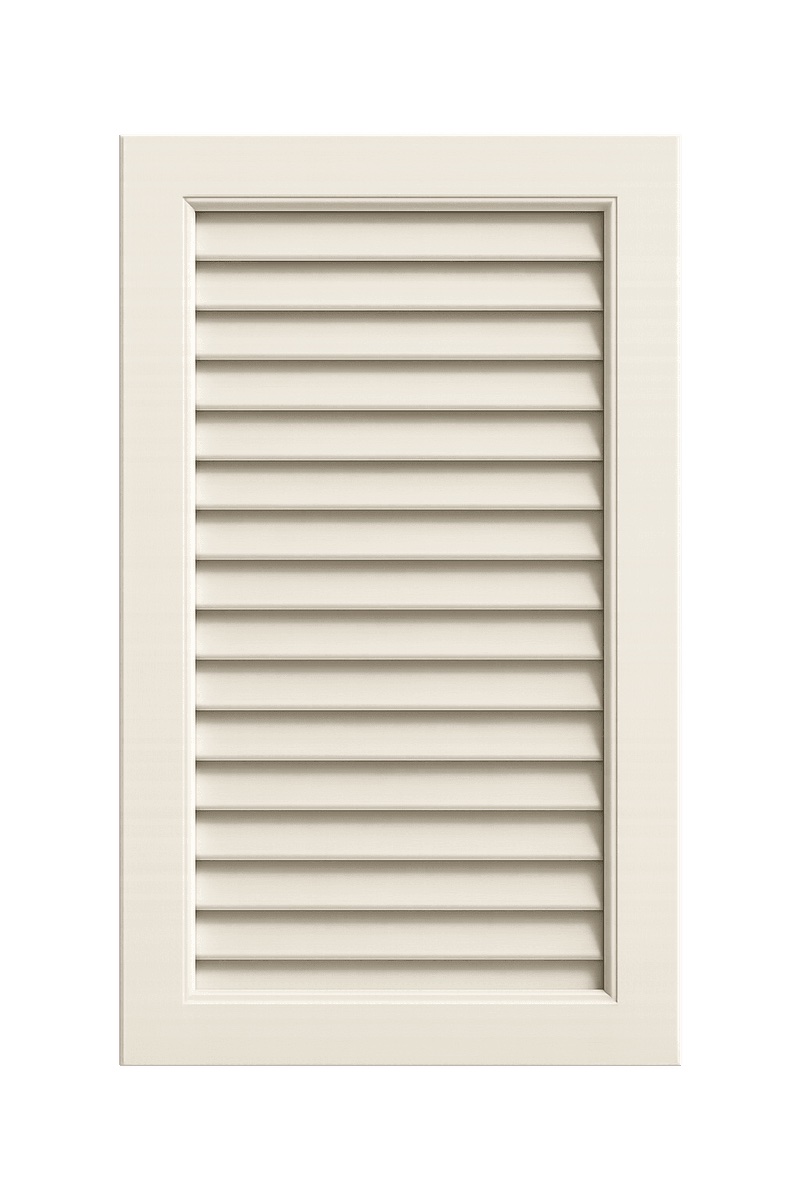 Louvered bathroom cabinet door with slatted airflow design for linen storage