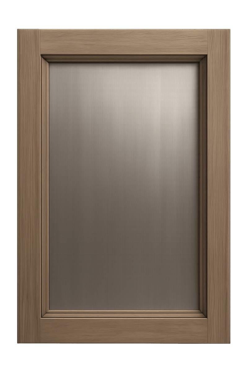Metal accented cabinet door with industrial steel and wire mesh panel insert