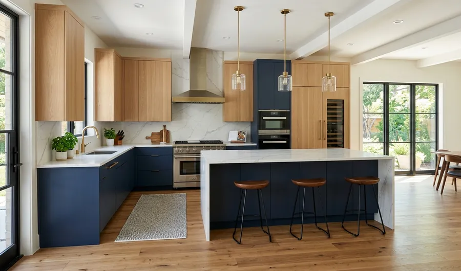 Modern custom kitchen with navy blue base cabinets, natural wood uppers, marble countertops and waterfall island