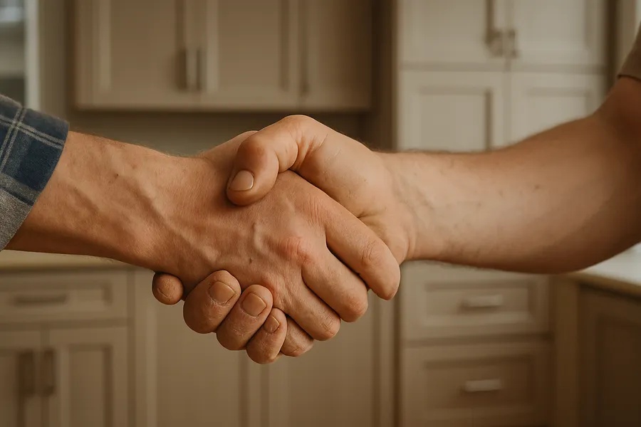 Carpenter shaking hands with customer at custom cabinet project site