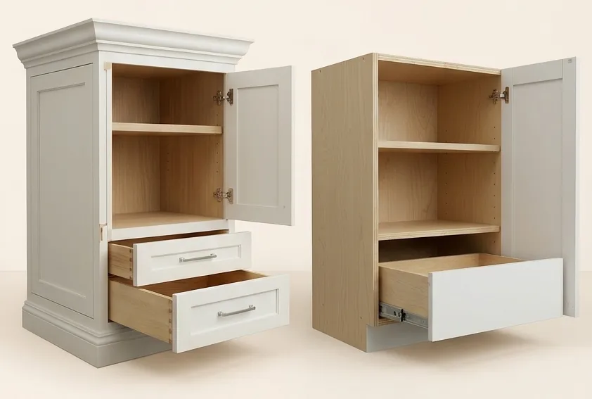 Side-by-side comparison of custom versus semi-custom cabinet quality and construction